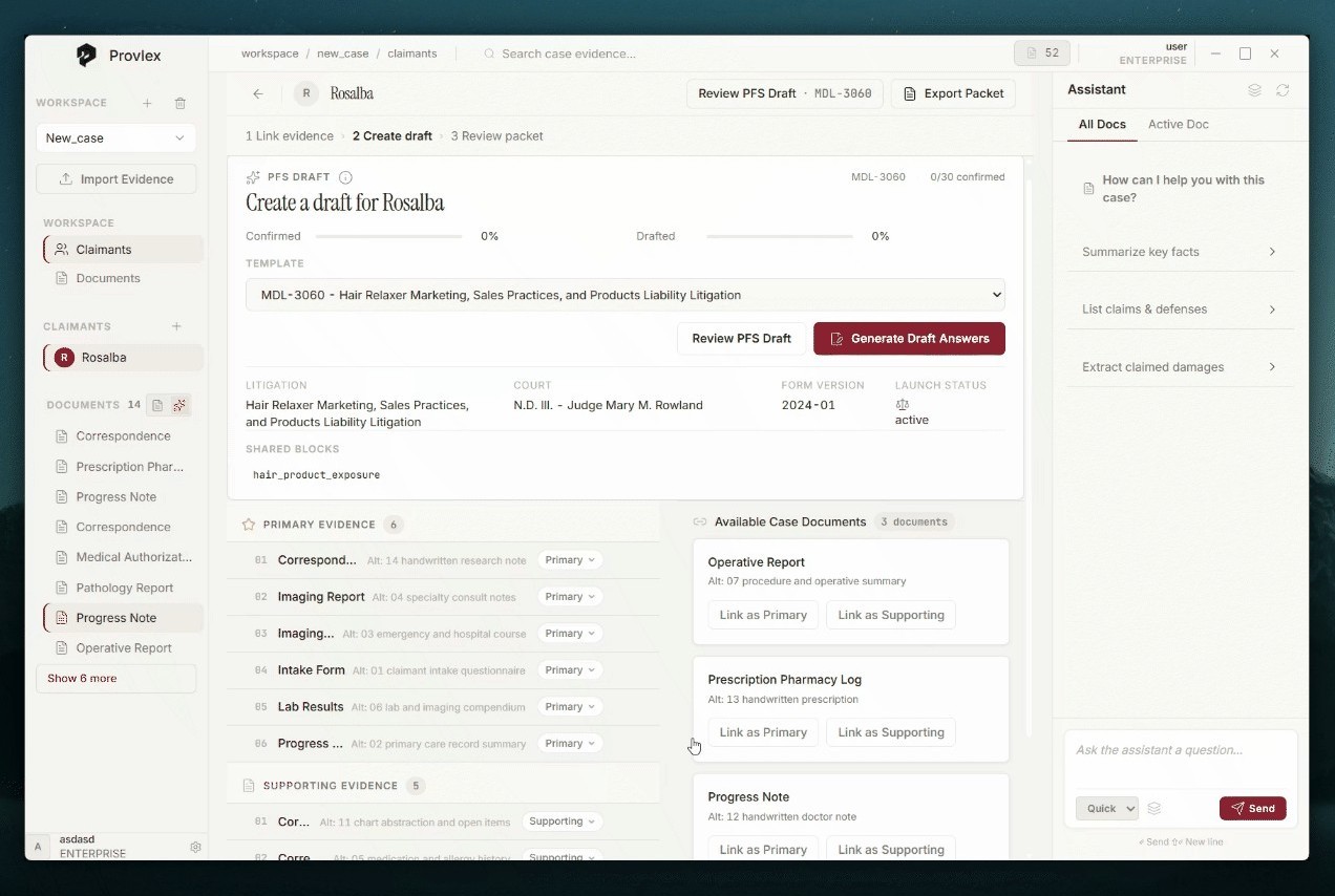 Provlex™ claimant workspace showing a source-linked PFS draft, evidence documents, and an evidence-aware assistant.